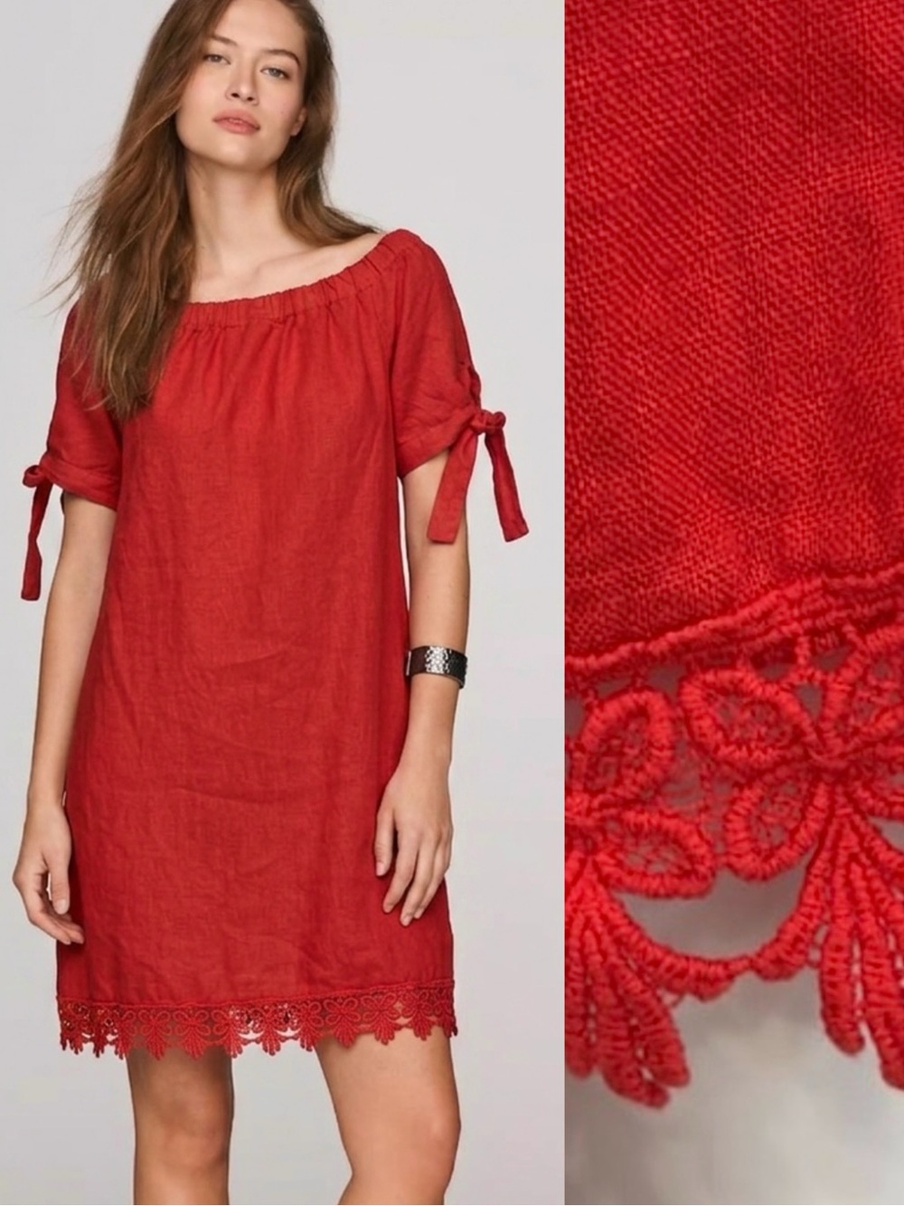 Lungo L'arno Red Linen Dress Size S Crochet Lace Hem Short Sleeve Off Shoulder
